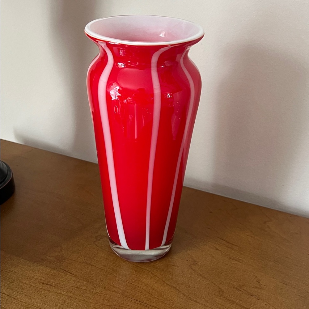 Vintage Red and White Striped Art Glass Vase